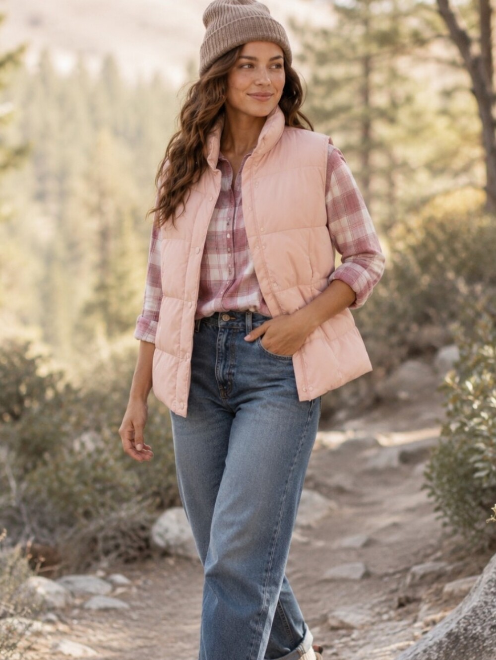 Land's End blush pink puffer vest. Gorpcore Warm Down filled. Snap front sz S